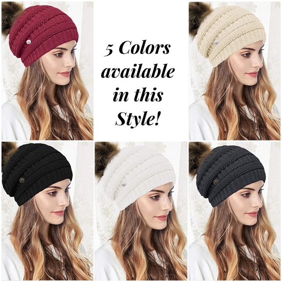 Black Knit Criss Cross Ponytail Pom Pom Beanie - Picture 14 of 15